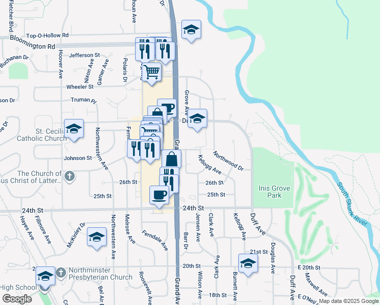 map of restaurants, bars, coffee shops, grocery stores, and more near 607 28th Street in Ames