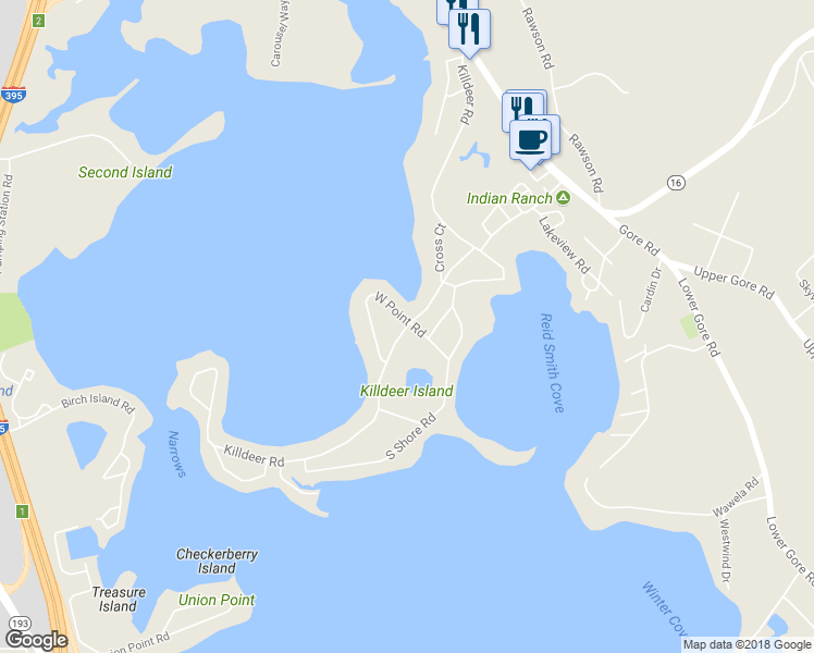 map of restaurants, bars, coffee shops, grocery stores, and more near 163 Killdeer Island Road in Webster