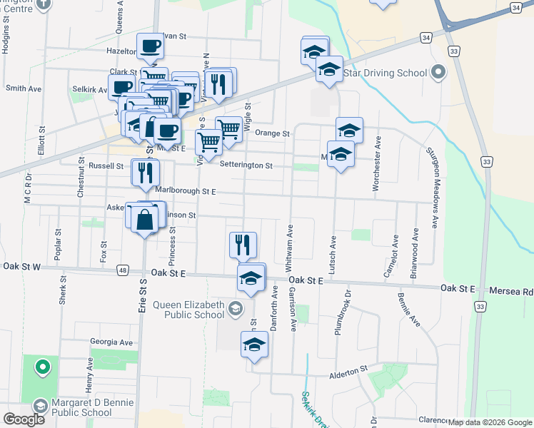 map of restaurants, bars, coffee shops, grocery stores, and more near 85 Robinson Street in Essex County