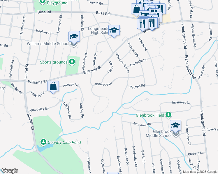map of restaurants, bars, coffee shops, grocery stores, and more near 87 Primrose Drive in Longmeadow