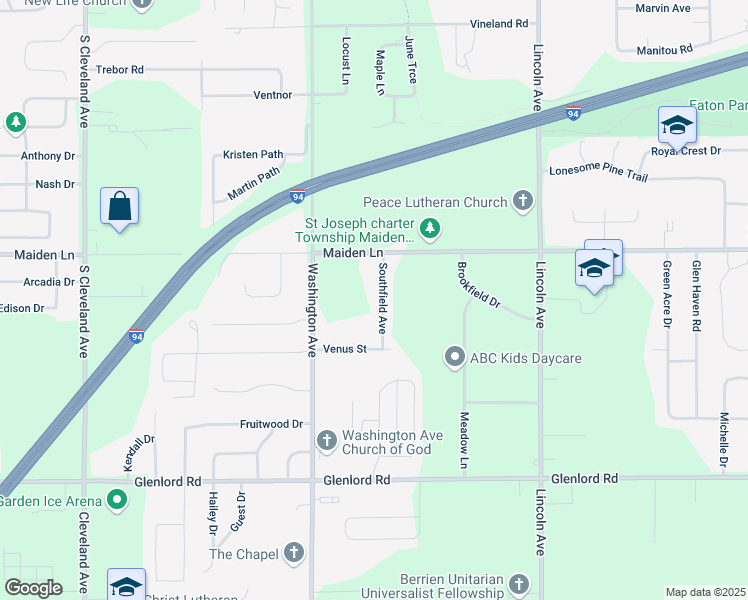 map of restaurants, bars, coffee shops, grocery stores, and more near 3776 Southfield Avenue in St. Joseph
