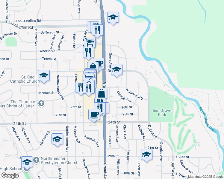 map of restaurants, bars, coffee shops, grocery stores, and more near 2730 Luther Drive in Ames