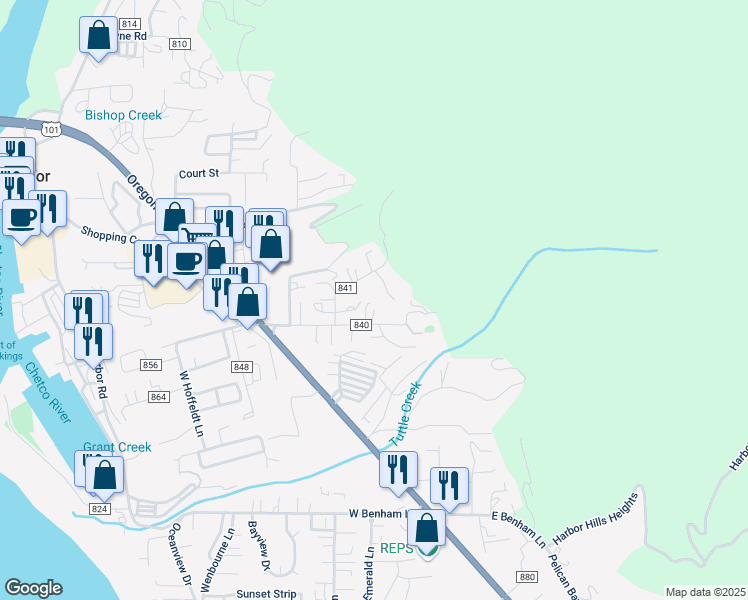 map of restaurants, bars, coffee shops, grocery stores, and more near 16240 Ivy Lane in Brookings