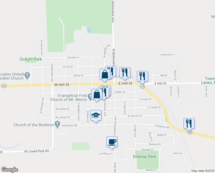 map of restaurants, bars, coffee shops, grocery stores, and more near 1 East Hitt Street in Mount Morris