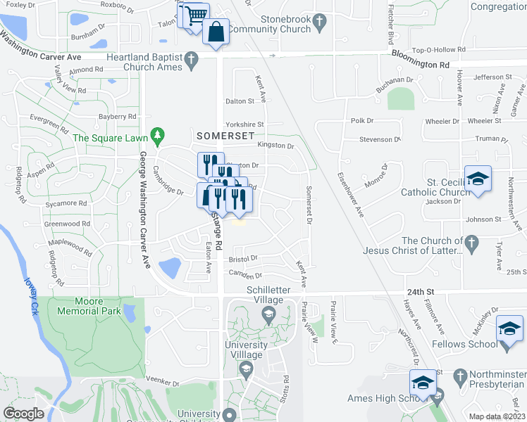 map of restaurants, bars, coffee shops, grocery stores, and more near 2706 Kent Avenue in Ames