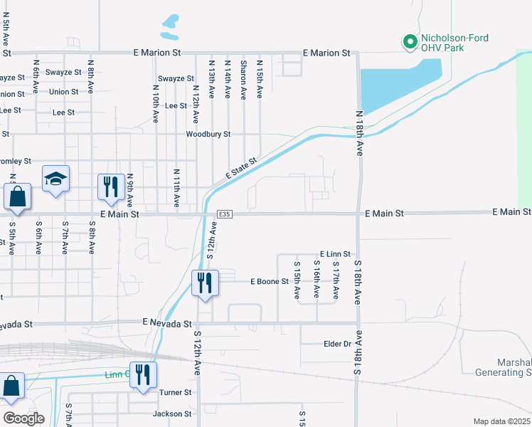 map of restaurants, bars, coffee shops, grocery stores, and more near 1402 East Main Street in Marshalltown