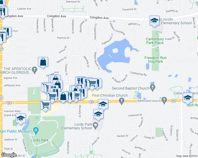 map of restaurants, bars, coffee shops, grocery stores, and more near 1058 Stillwater Road in Elgin