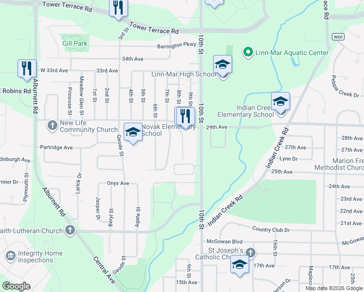 map of restaurants, bars, coffee shops, grocery stores, and more near 2710 10th Street in Marion