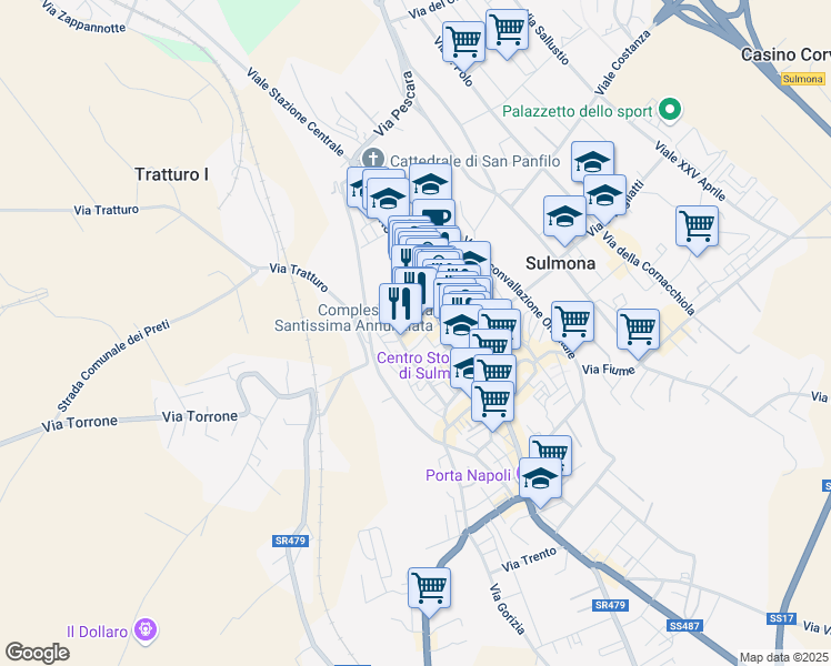 map of restaurants, bars, coffee shops, grocery stores, and more near 2 Via Rettangolo in Sulmona