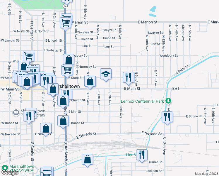 map of restaurants, bars, coffee shops, grocery stores, and more near 8 North 7th Avenue in Marshalltown