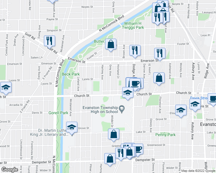 map of restaurants, bars, coffee shops, grocery stores, and more near 1733 Hartrey Avenue in Evanston