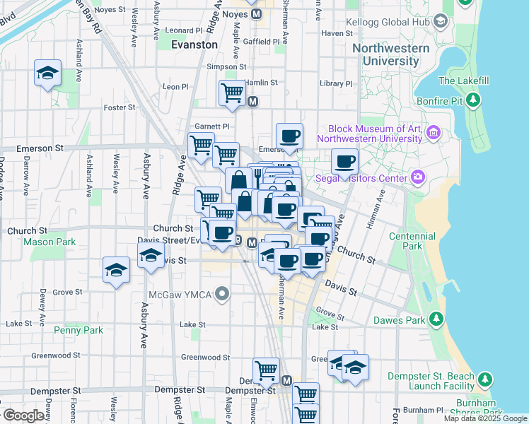 map of restaurants, bars, coffee shops, grocery stores, and more near 1723 Benson Avenue in Evanston
