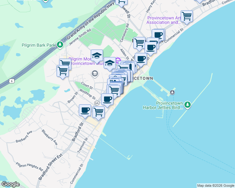 map of restaurants, bars, coffee shops, grocery stores, and more near 217 Commercial Street in Provincetown