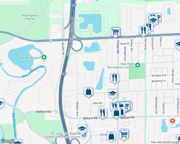 map of restaurants, bars, coffee shops, grocery stores, and more near 9368 Bay Colony Drive in Des Plaines