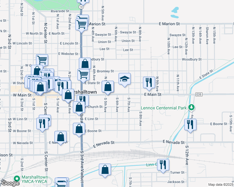 map of restaurants, bars, coffee shops, grocery stores, and more near County Highway E35 in Marshalltown