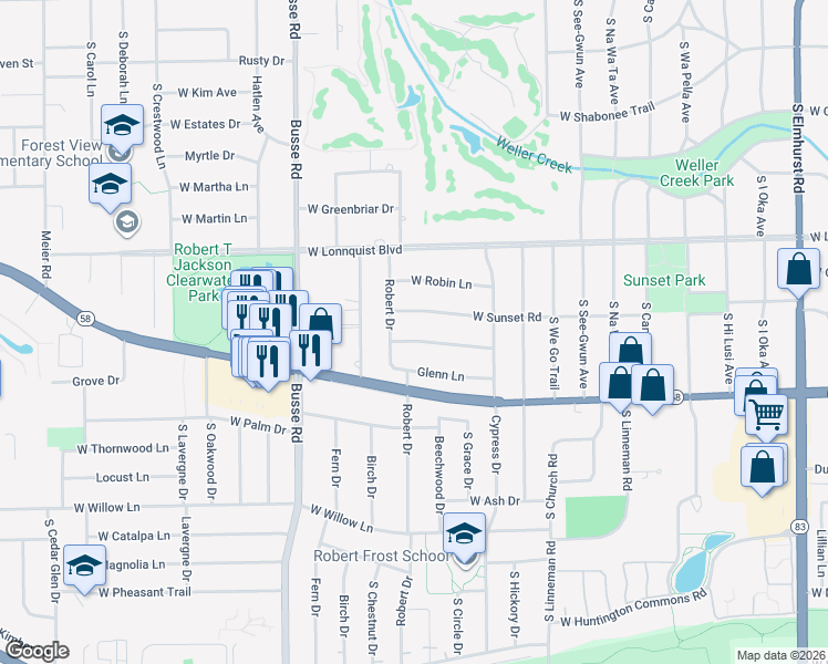 map of restaurants, bars, coffee shops, grocery stores, and more near 1219 West Sunset Road in Mount Prospect