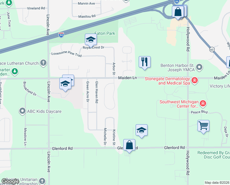 map of restaurants, bars, coffee shops, grocery stores, and more near 4087 Bungalow Path in St. Joseph