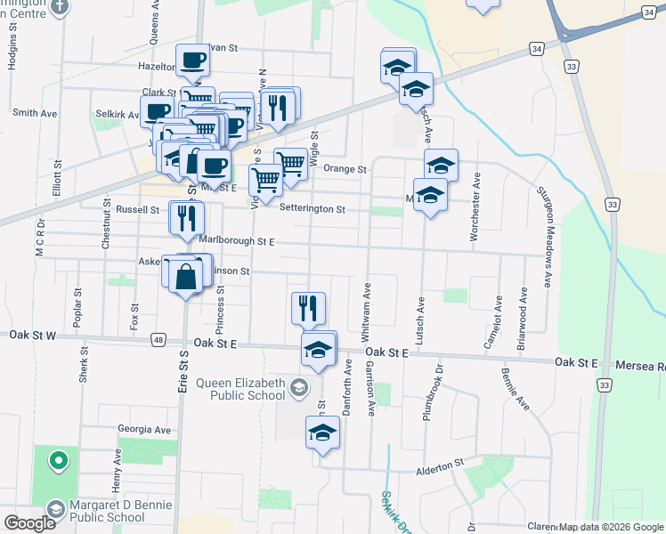 map of restaurants, bars, coffee shops, grocery stores, and more near 85 Robinson Street in Essex County