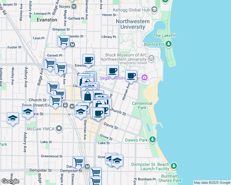 map of restaurants, bars, coffee shops, grocery stores, and more near in Evanston