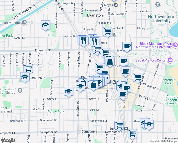 map of restaurants, bars, coffee shops, grocery stores, and more near 1717 Ridge Avenue in Evanston