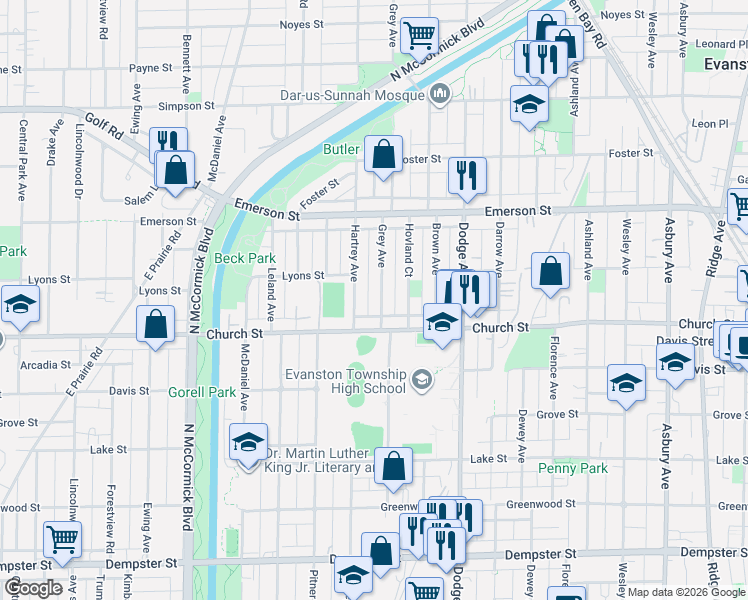 map of restaurants, bars, coffee shops, grocery stores, and more near 1733 Hartrey Avenue in Evanston