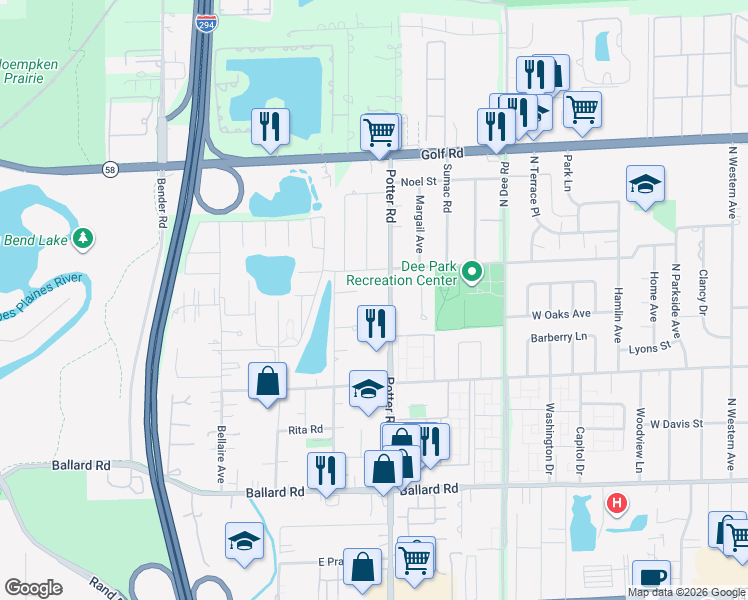 map of restaurants, bars, coffee shops, grocery stores, and more near 240 Potter Road in Des Plaines