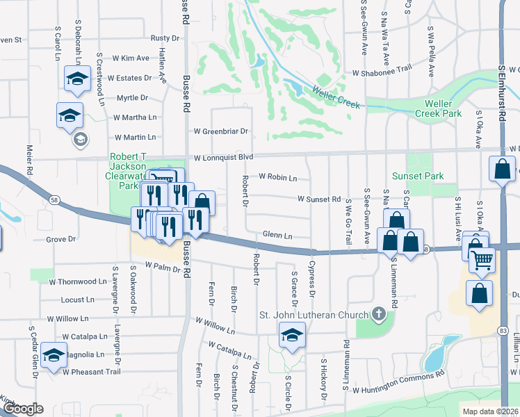map of restaurants, bars, coffee shops, grocery stores, and more near 1219 West Sunset Road in Mount Prospect