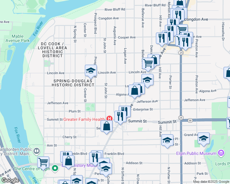 map of restaurants, bars, coffee shops, grocery stores, and more near 385 Lovell Street in Elgin