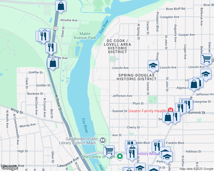 map of restaurants, bars, coffee shops, grocery stores, and more near 640 North Grove Avenue in Elgin