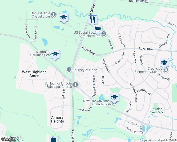 map of restaurants, bars, coffee shops, grocery stores, and more near 730 Alice Place in Elgin