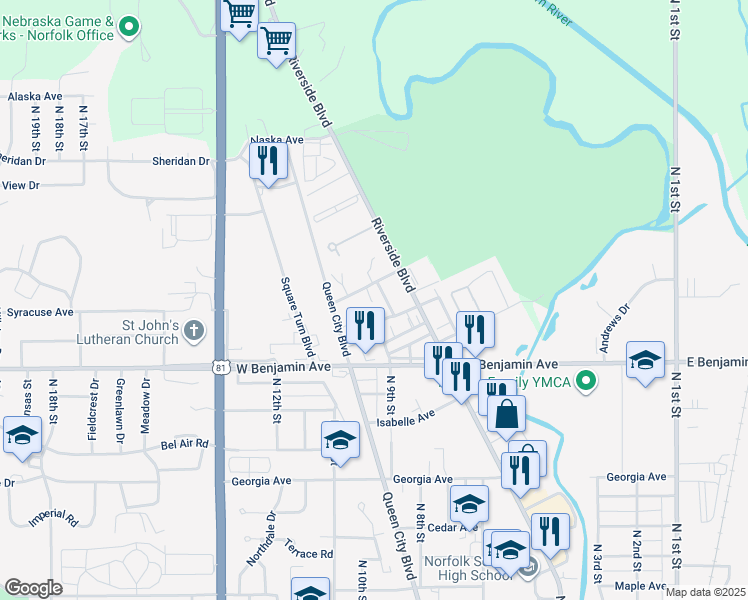 map of restaurants, bars, coffee shops, grocery stores, and more near 1017-1059 Syracuse Avenue in Norfolk