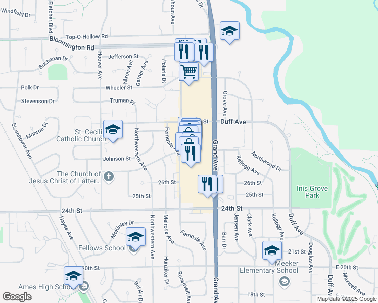 map of restaurants, bars, coffee shops, grocery stores, and more near 2801 Grand Avenue in Ames
