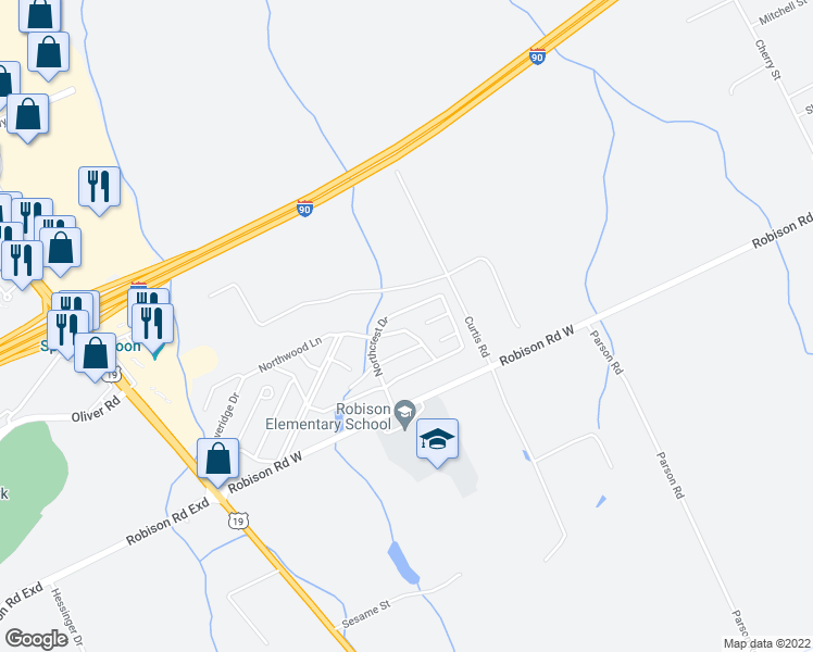 map of restaurants, bars, coffee shops, grocery stores, and more near 8207 Brookwood Drive in Erie