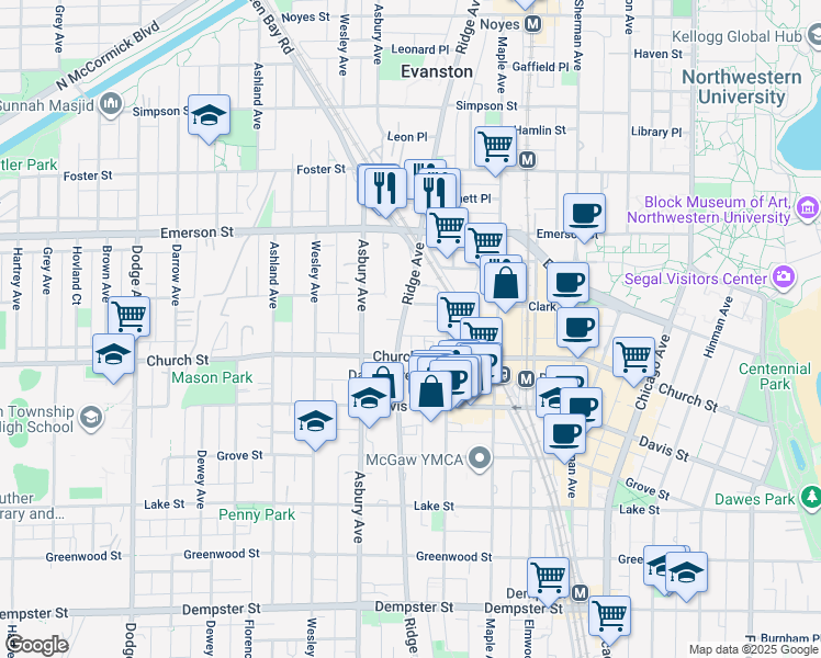 map of restaurants, bars, coffee shops, grocery stores, and more near 1717 Ridge Avenue in Evanston
