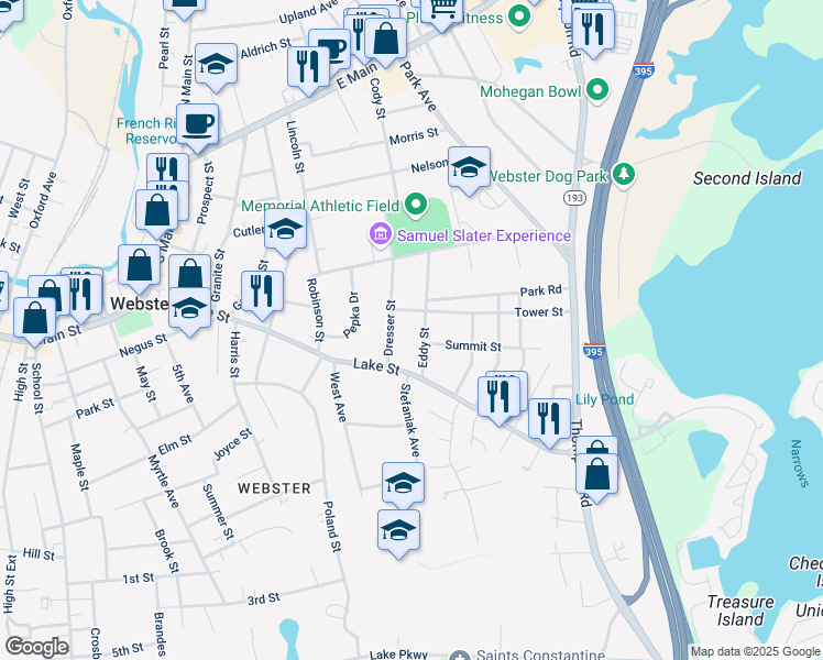 map of restaurants, bars, coffee shops, grocery stores, and more near 12 Eddy Street in Webster