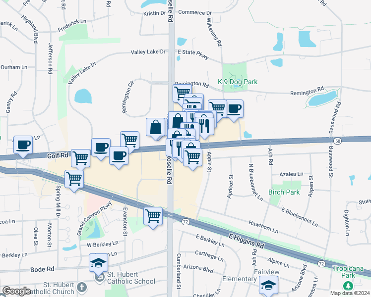 map of restaurants, bars, coffee shops, grocery stores, and more near 53 East Golf Road in Hoffman Estates