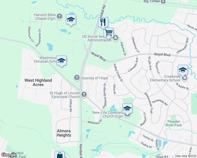 map of restaurants, bars, coffee shops, grocery stores, and more near 730 Alice Place in Elgin