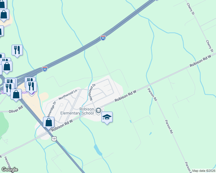 map of restaurants, bars, coffee shops, grocery stores, and more near 1501-1589 Pinegrove Way in Erie