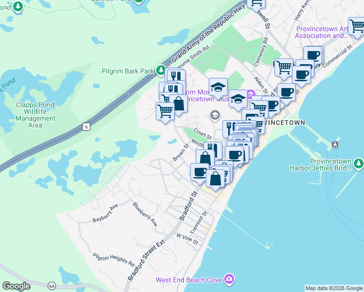 map of restaurants, bars, coffee shops, grocery stores, and more near 25 Shank Painter Road in Provincetown