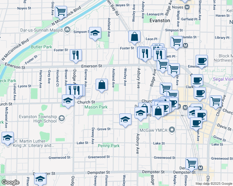 map of restaurants, bars, coffee shops, grocery stores, and more near 1723 Ashland Ave in Evanston