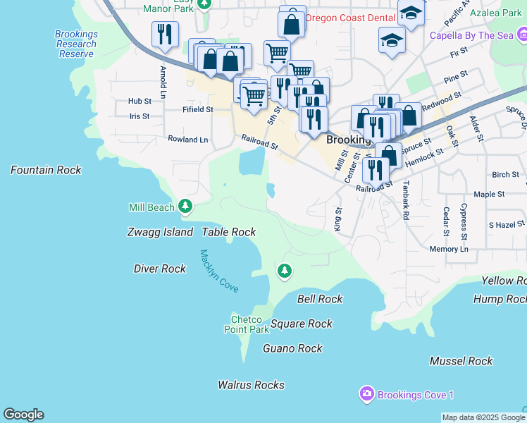 map of restaurants, bars, coffee shops, grocery stores, and more near 1104 Center Street in Brookings