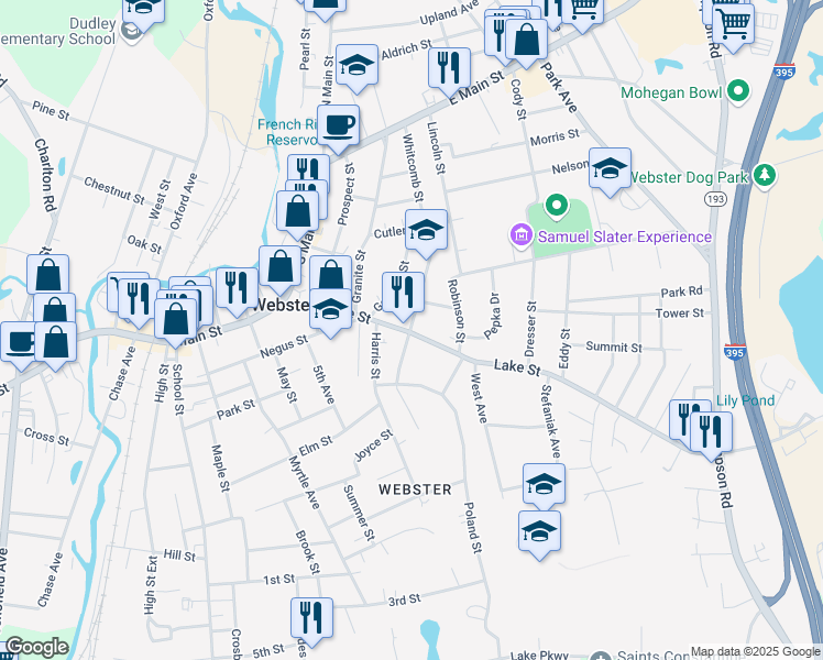 map of restaurants, bars, coffee shops, grocery stores, and more near 87 Whitcomb Street in Webster