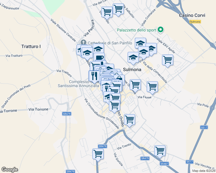 map of restaurants, bars, coffee shops, grocery stores, and more near 9 Via degli Archibugi in Sulmona