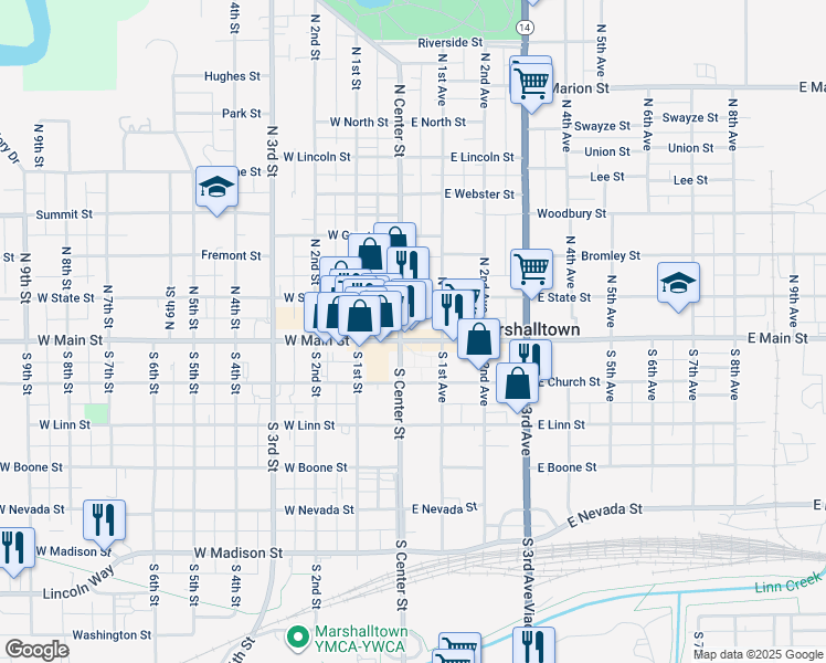 map of restaurants, bars, coffee shops, grocery stores, and more near 12 West Main Street in Marshalltown
