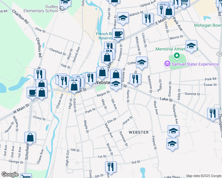 map of restaurants, bars, coffee shops, grocery stores, and more near 6 Veterans Way in Webster