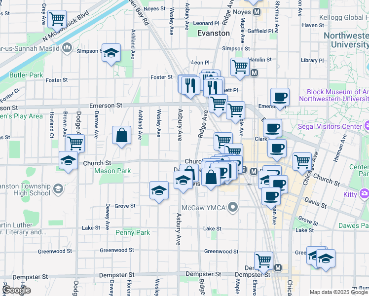 map of restaurants, bars, coffee shops, grocery stores, and more near 1723 Asbury Avenue in Evanston