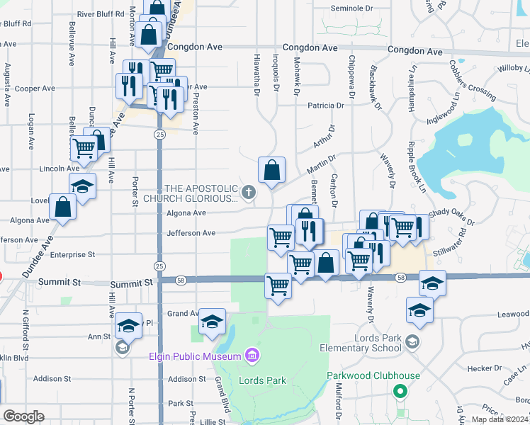 map of restaurants, bars, coffee shops, grocery stores, and more near 765 Algona Avenue in Elgin