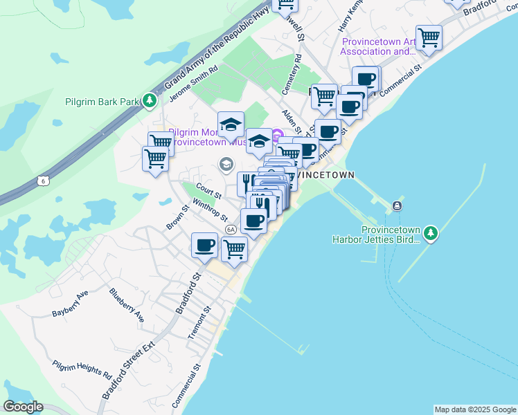 map of restaurants, bars, coffee shops, grocery stores, and more near 7 Carver Street in Provincetown