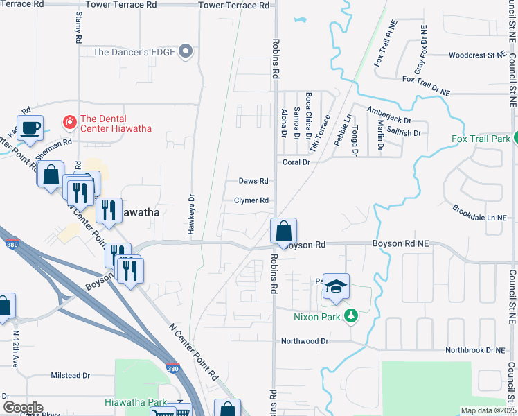 map of restaurants, bars, coffee shops, grocery stores, and more near 265 Clymer Road in Hiawatha