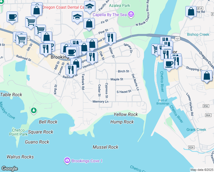 map of restaurants, bars, coffee shops, grocery stores, and more near 235 Alder Street in Brookings